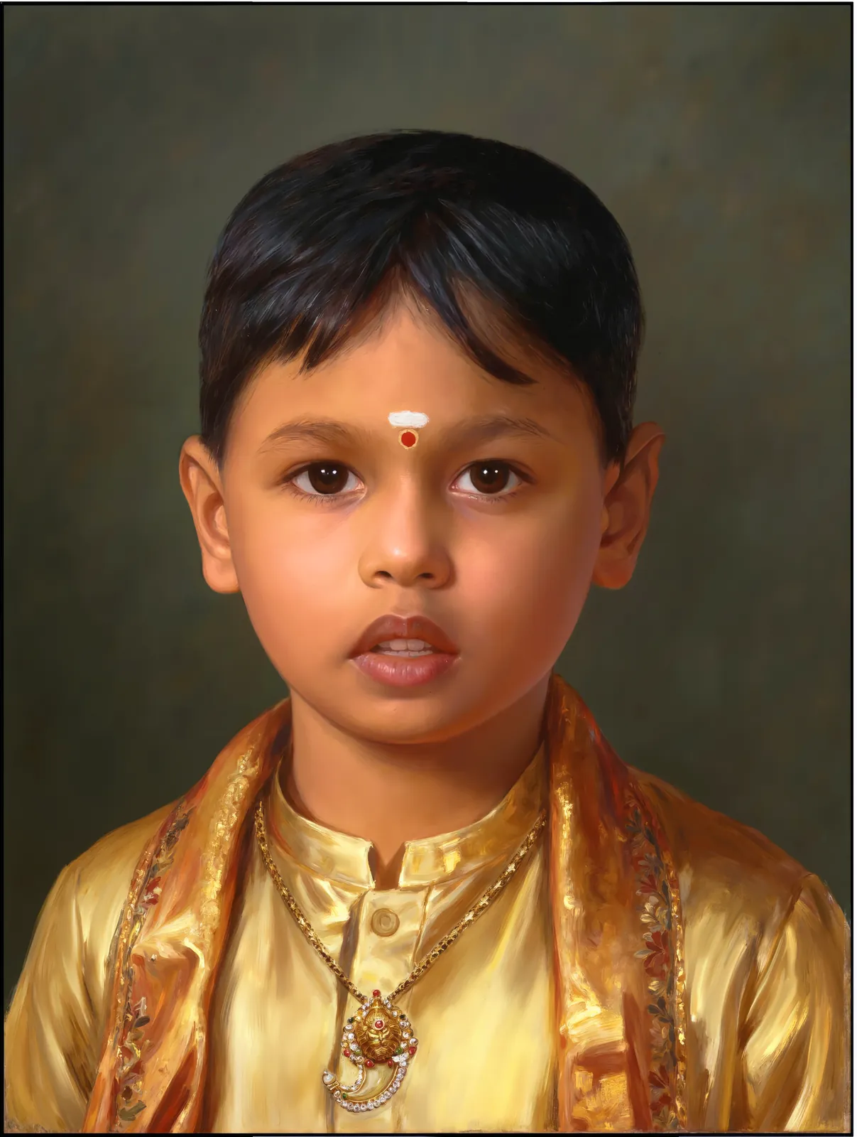 Digitally hand-painted portrait of a young boy in a gold kurta