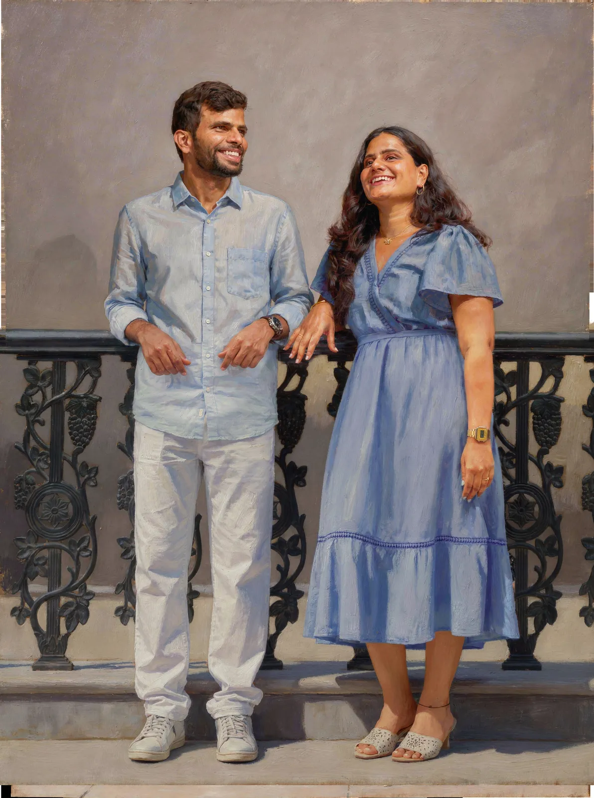 Digitally hand-painted portrait of a couple standing by a balcony