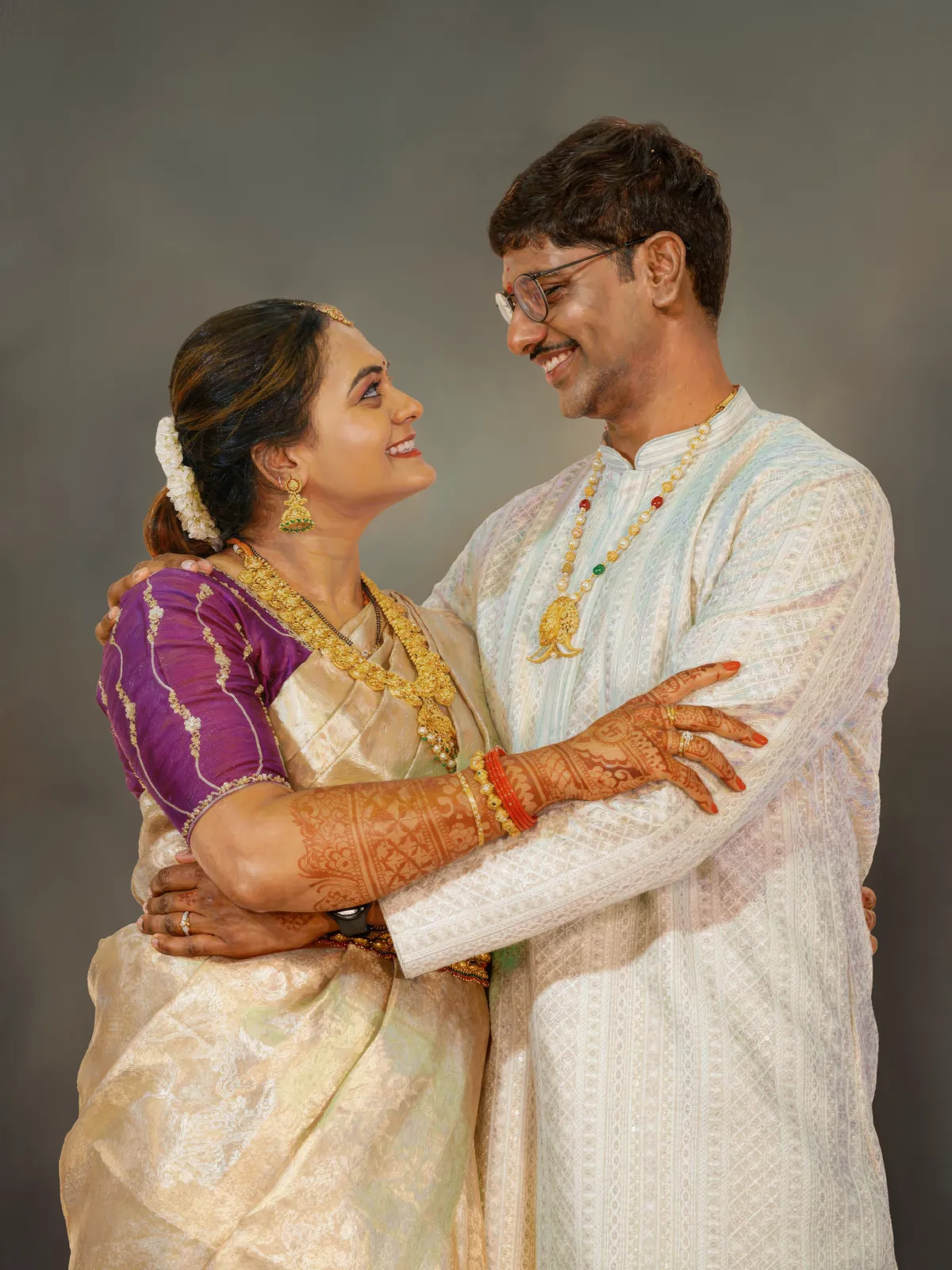 Digitally hand-painted portrait of a couple in traditional wear, Glow Arts Hyderabad