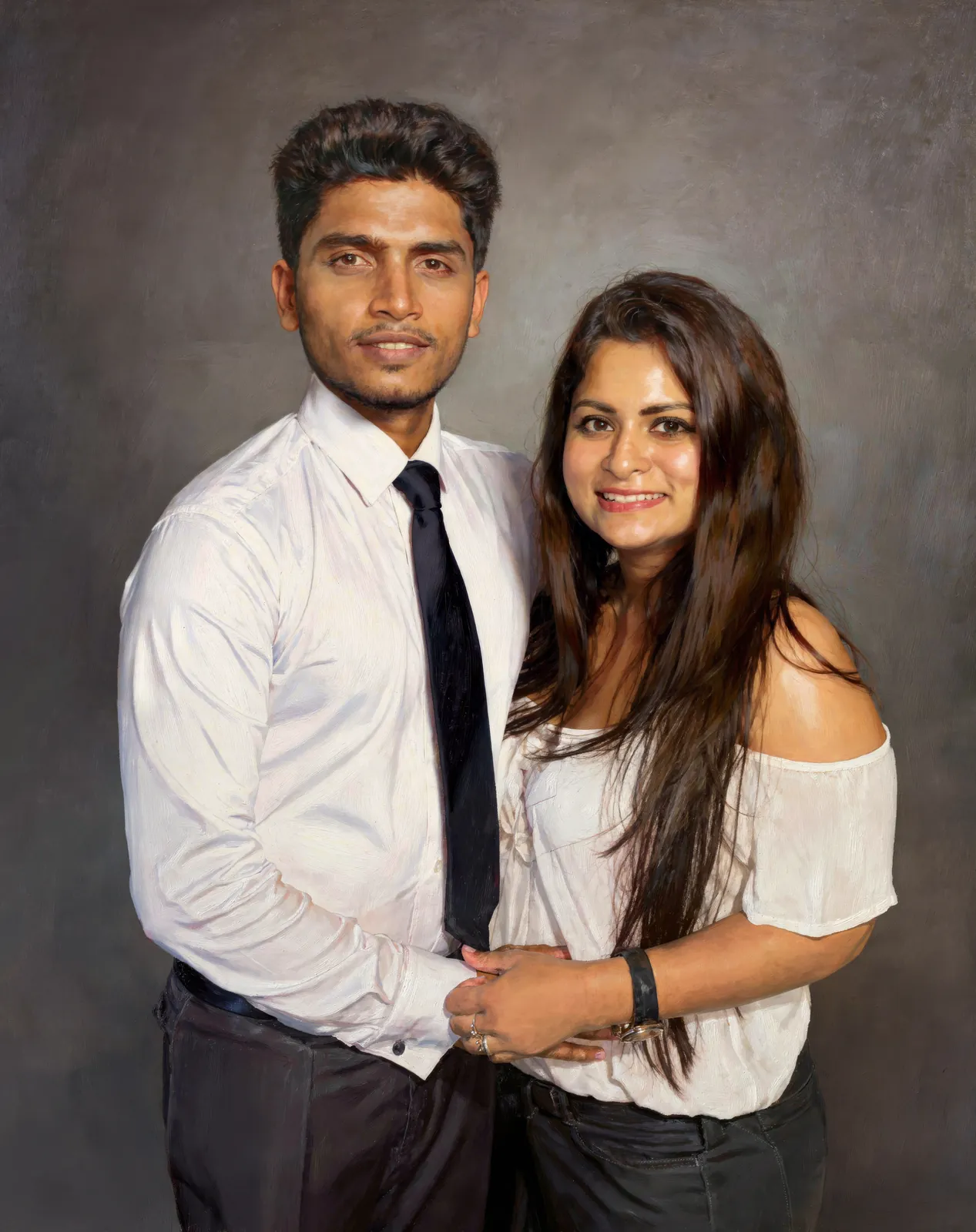 Digitally hand-painted portrait of a young couple in formal wear, Glow Arts Hyderabad
