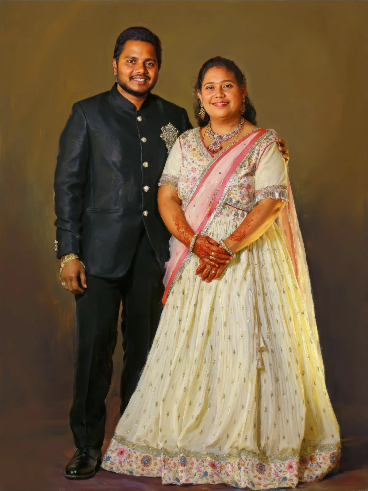 Digitally hand-painted portrait of a couple at their reception