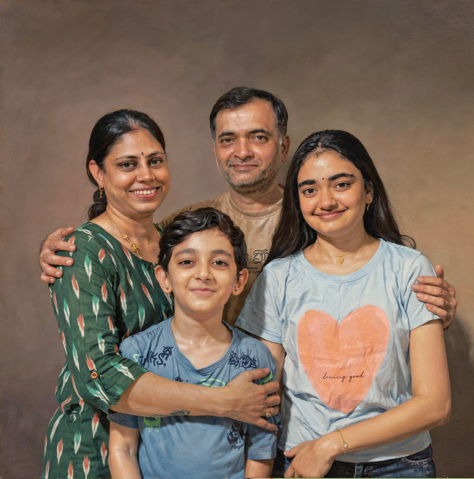 Digitally hand-painted portrait of a family of four in casual clothes
