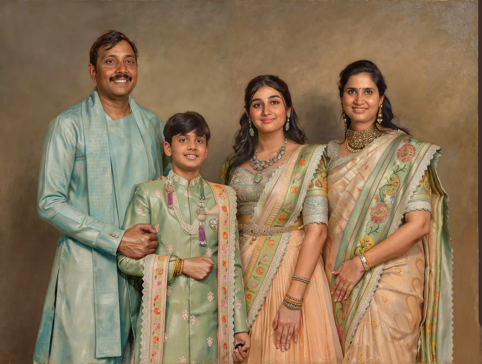Digitally hand-painted portrait of a family in festive clothes
