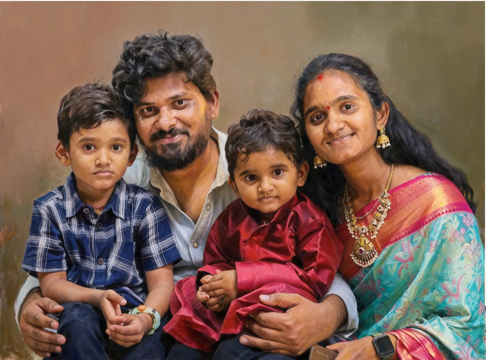 Digitally hand-painted portrait of parents with two young children