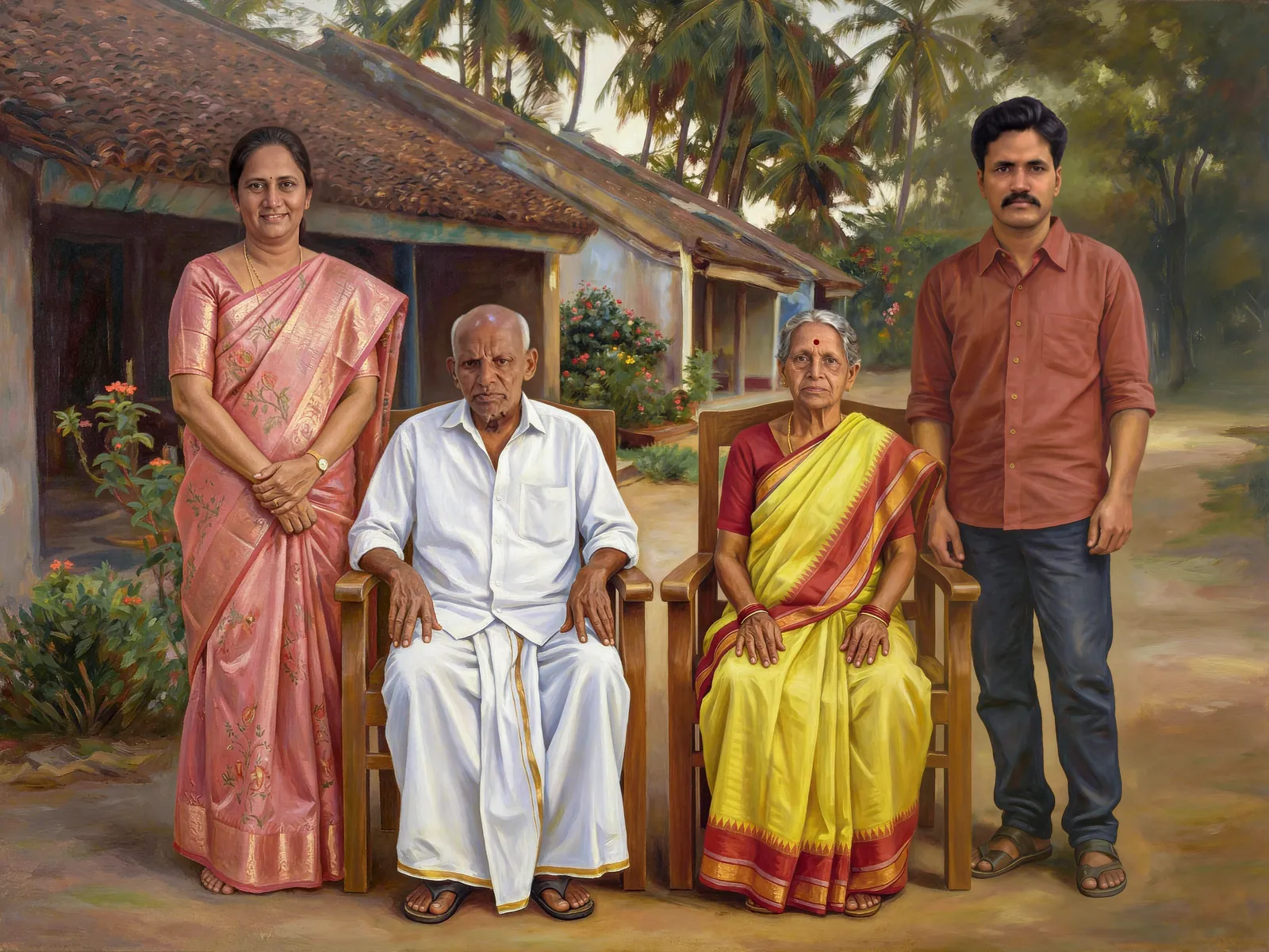 Digitally hand-painted family portrait outside a village home