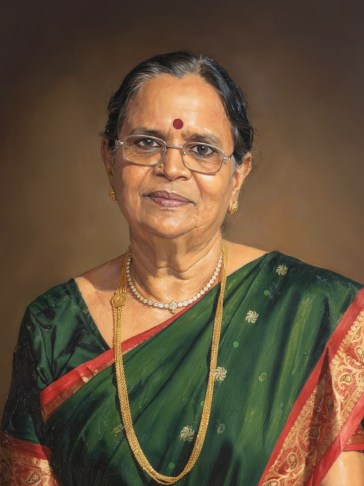 Digitally hand-painted portrait of a grandmother in a green silk saree, Glow Arts Hyderabad