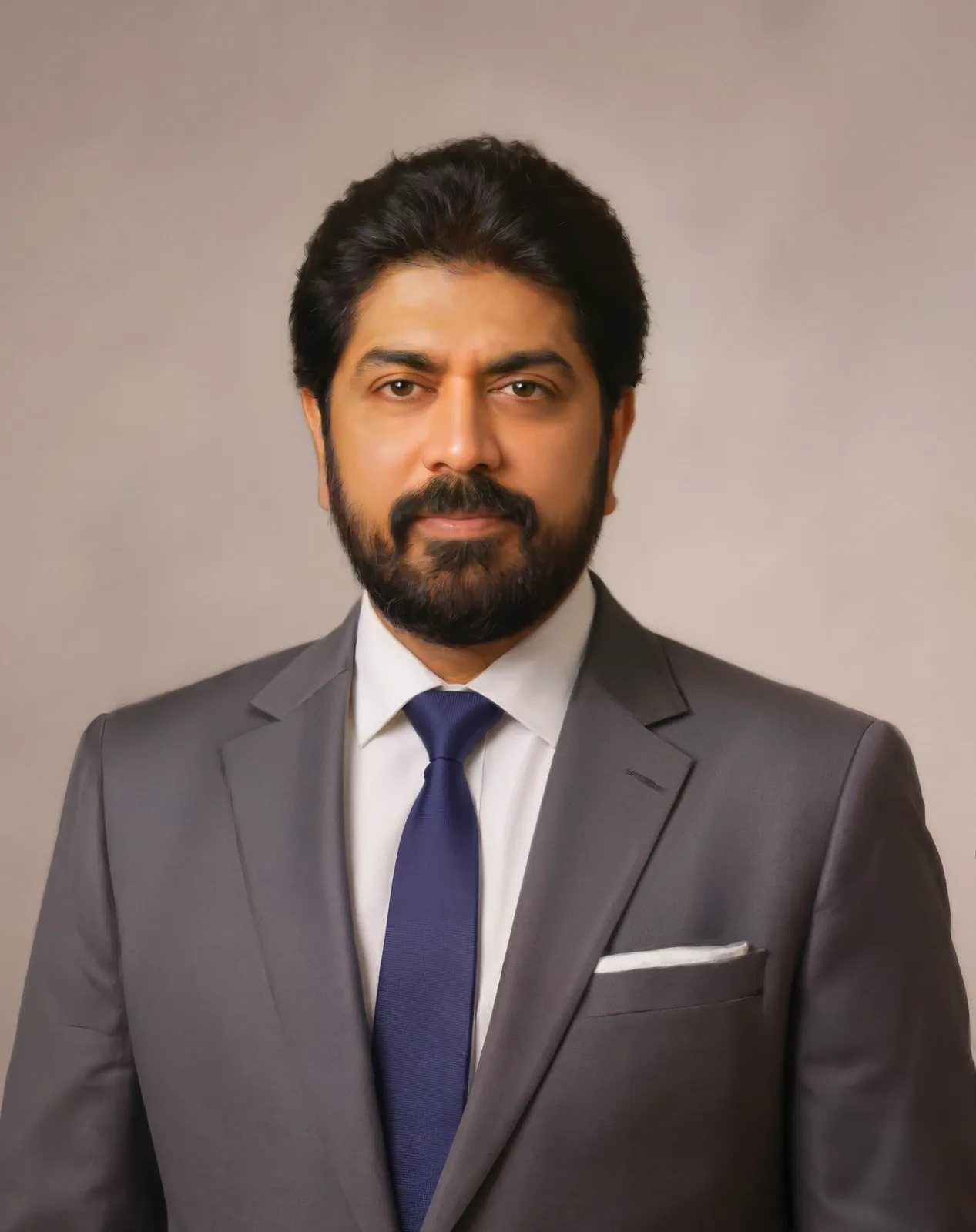 Digitally hand-painted portrait of a man in a grey suit