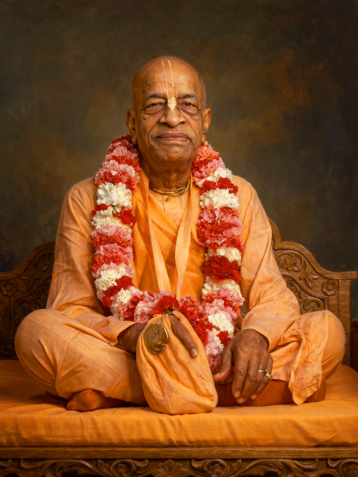 Digitally hand-painted devotional portrait of Srila Prabhupada with garlands