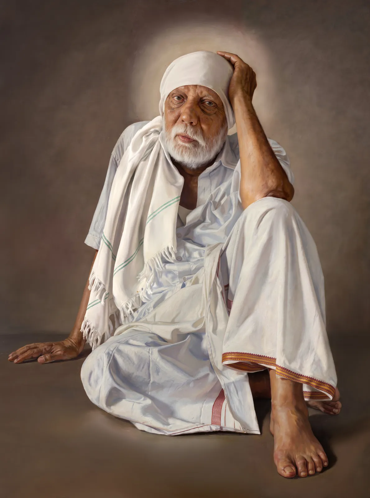 Digitally hand-painted devotional portrait of Sai Baba seated