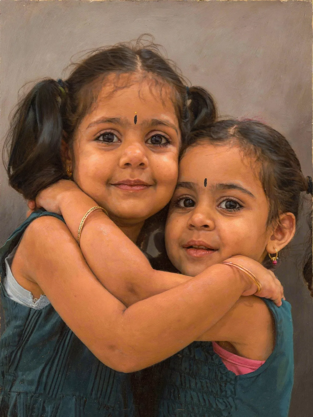 Digitally hand-painted portrait of two young sisters hugging, Glow Arts Hyderabad