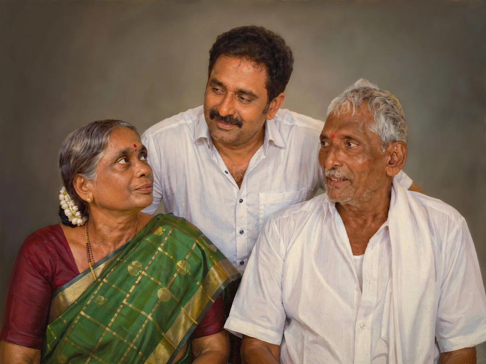 Digitally hand-painted family portrait of grandparents with their son, Glow Arts Hyderabad