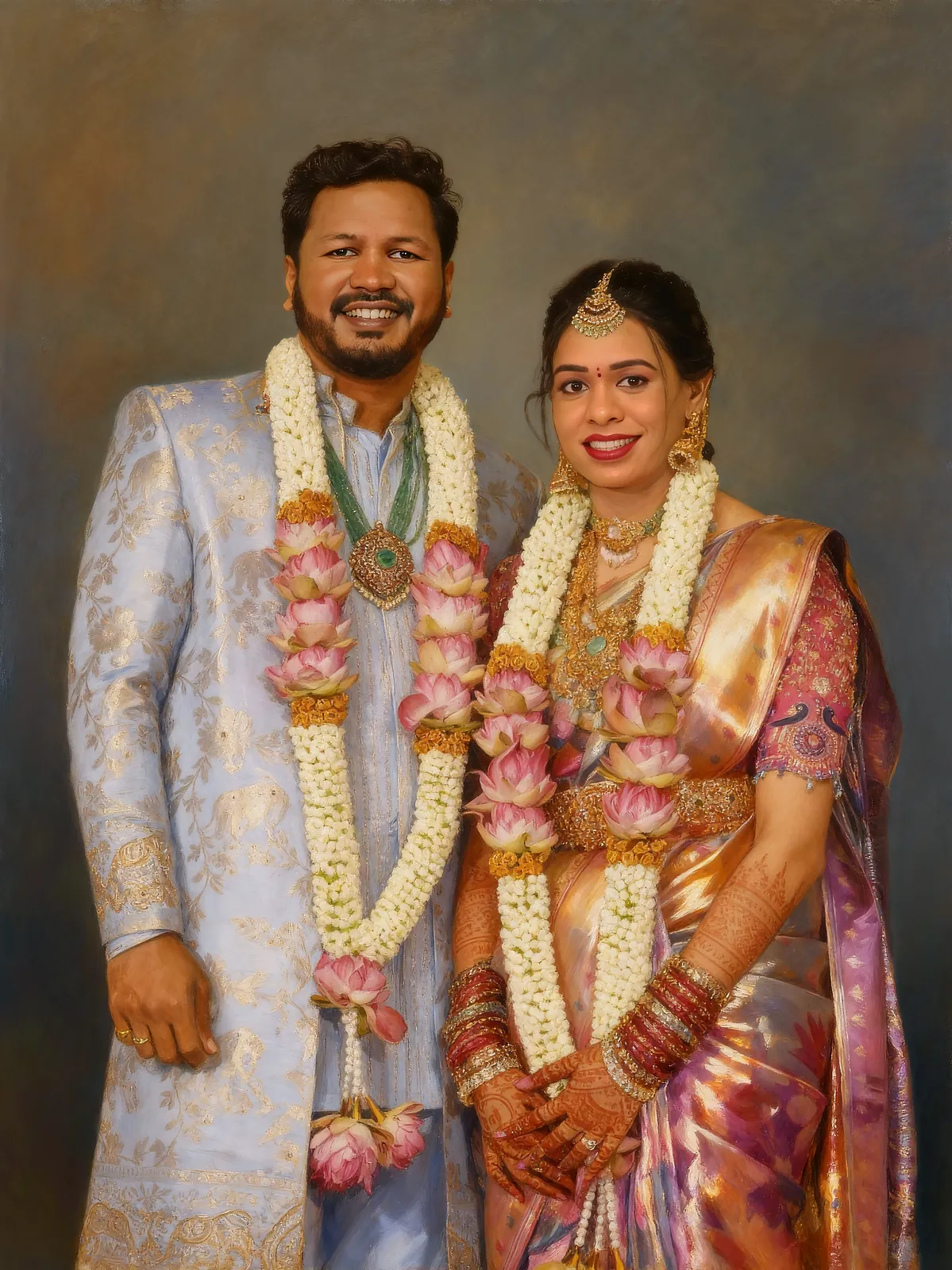 Digitally hand-painted wedding portrait of a couple wearing garlands, Glow Arts Hyderabad