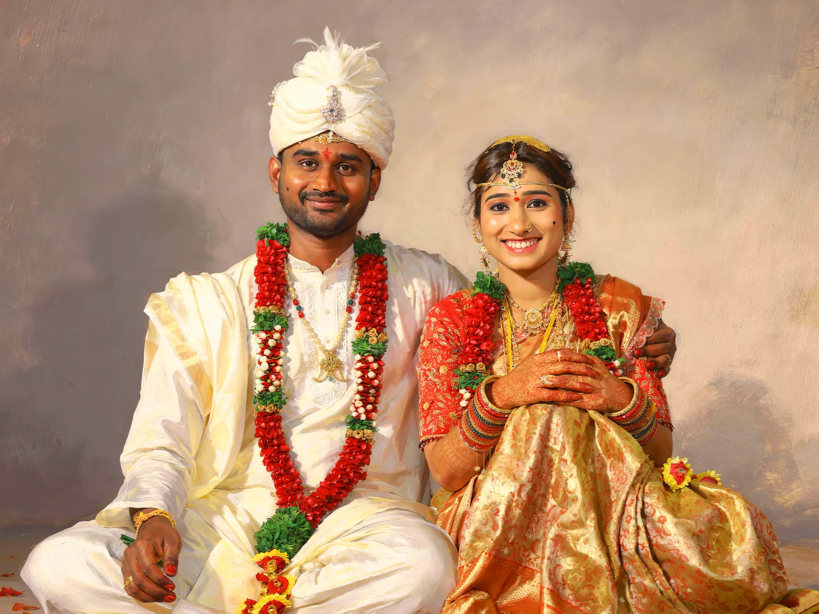 Digitally hand-painted portrait of a seated bride and groom