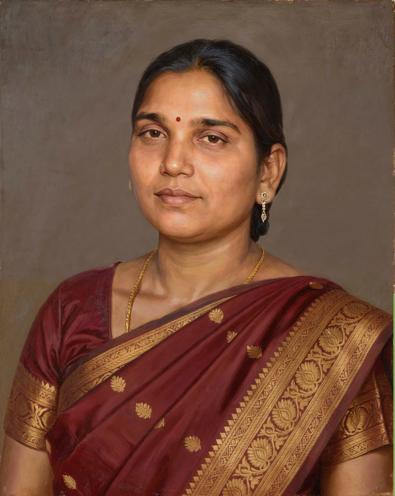 Digitally hand-painted portrait of a woman in a maroon silk saree, Glow Arts Hyderabad